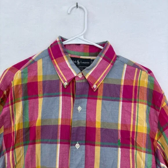 Ralph Lauren Shirt Mens L Multicolor Colorful Madras Plaid Pony Custom Fit - Picture 2 of 9